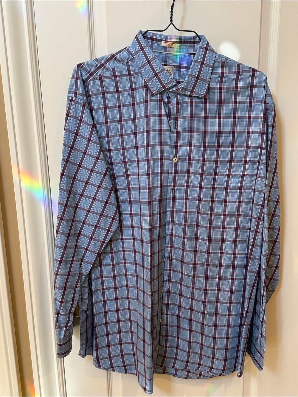 Peter Millar Light Blue Plaid Sptead Collar Shirt with Burgundy Windowpane
